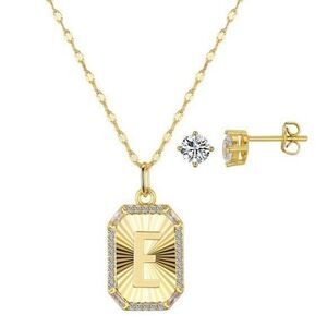 Unwritten Cubic Zirconia Initial Pendant Necklace Stud Earring Set Gold E